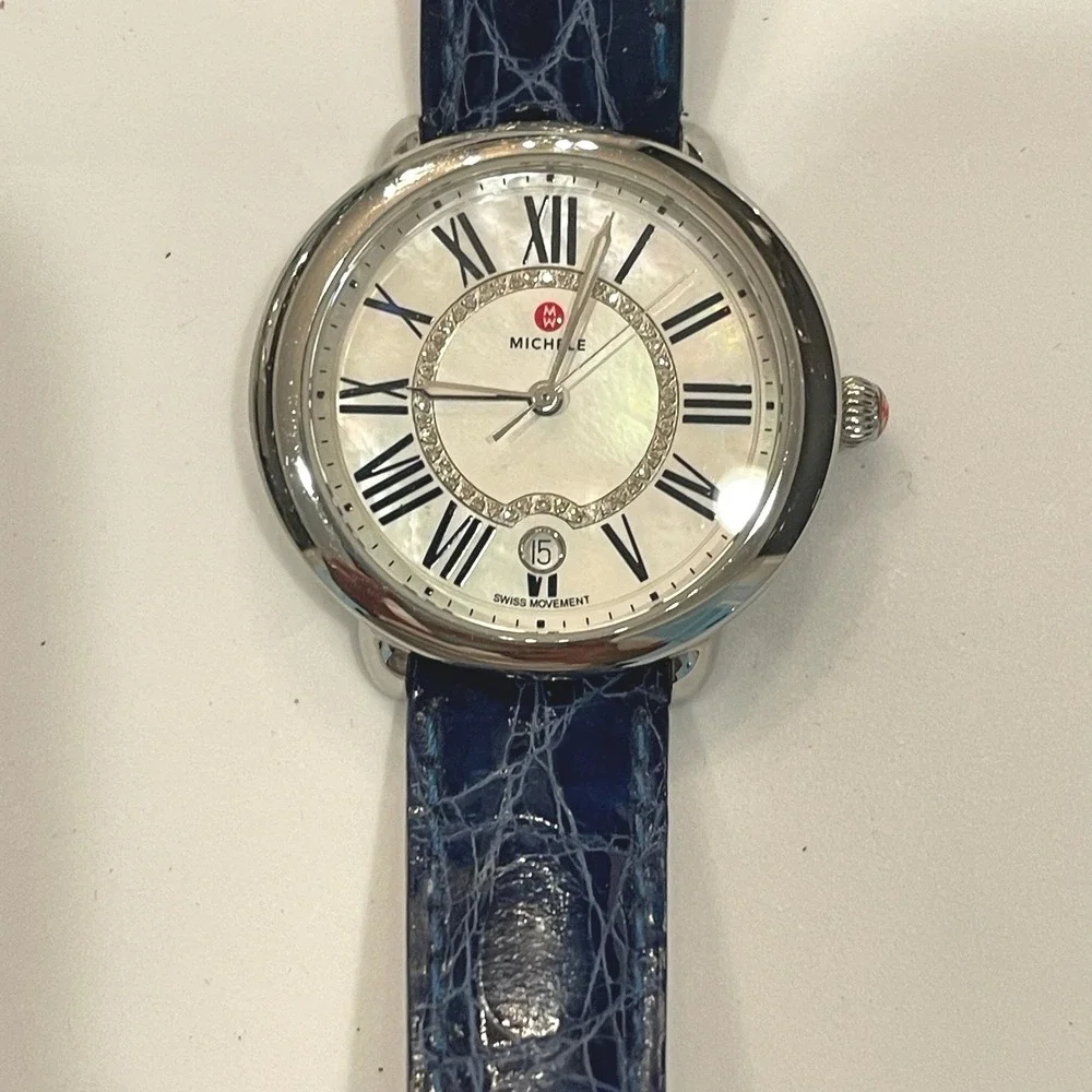 Michele Serein Mid Diamond‎ Mother of Pearl Watch Blue Crocodile Strap